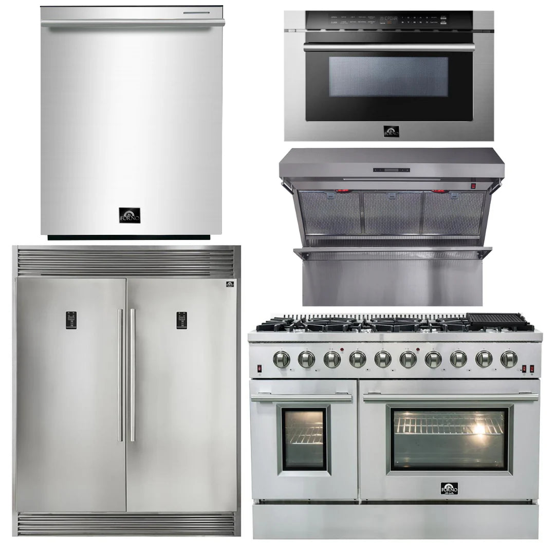 48 Inch Gas Range, Wall Mount Range Hood, Refrigerator, Microwave Drawer, Dishwasher E7907