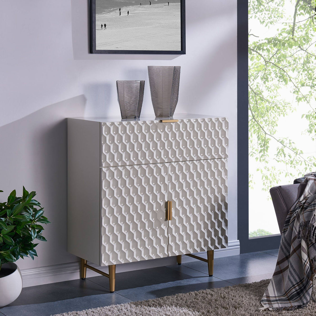 White 1-Drawer Geometric Small Cabinet D270