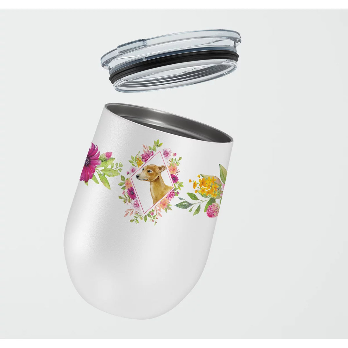 Italian Greyhound Pink Flowers Stainless Steel 12 oz Stemless Wine Glass I27603
