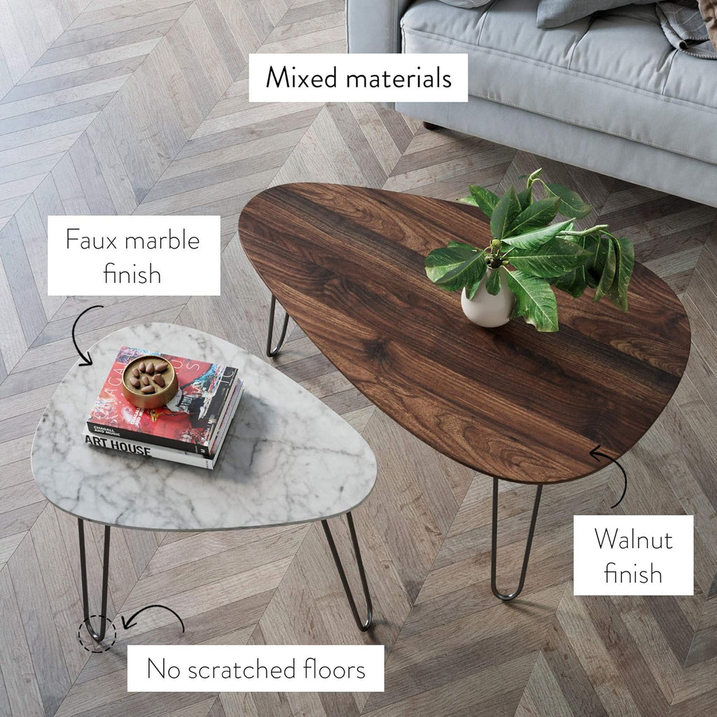 Mid-Century Nesting Coffee Table Set of 2, Faux Carrara Marble, Wood Finish, Black Metal Legs Y855