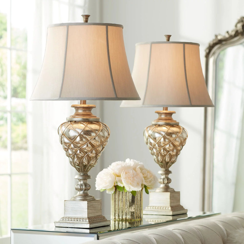Traditional Table Lamp with Nightlight LED Off White Mist Fabric Bell Shade W799